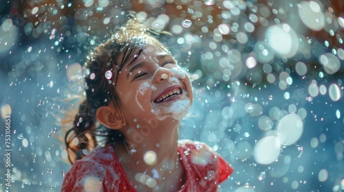 A girl giggles joyfully amidst a flurry of foam, her carefree laughter echoing in the playful bubbles. 
