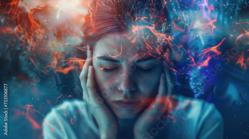 concept of caucasian woman with anxiety and depression holding her head in a blue futuristic neon background
