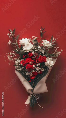 Buquê artístico com rosas e flores brancas, papel de embrulho, em fundo vermelho vivo. photo