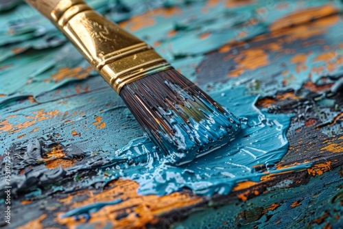 Image showcases a detailed close-up of a paintbrush with teal paint against a contrasting rustic wooden backdrop with paint strokes photo