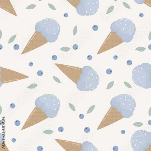 blueberry ice cream seamless pattern. Ice cream in a cone and strawberries on a light background.