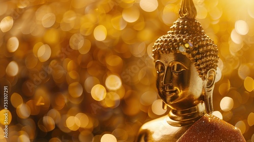 A golden Buddha statue in a golden background, I can't believe how beautiful this is, poolcore, daylight effect, copy space - generative ai © Nia™