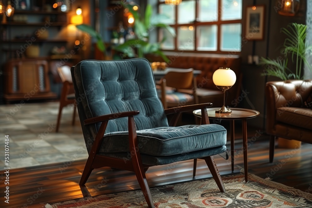 A timeless deep blue armchair in a brown-themed den with rich wooden bookshelves and classic decor