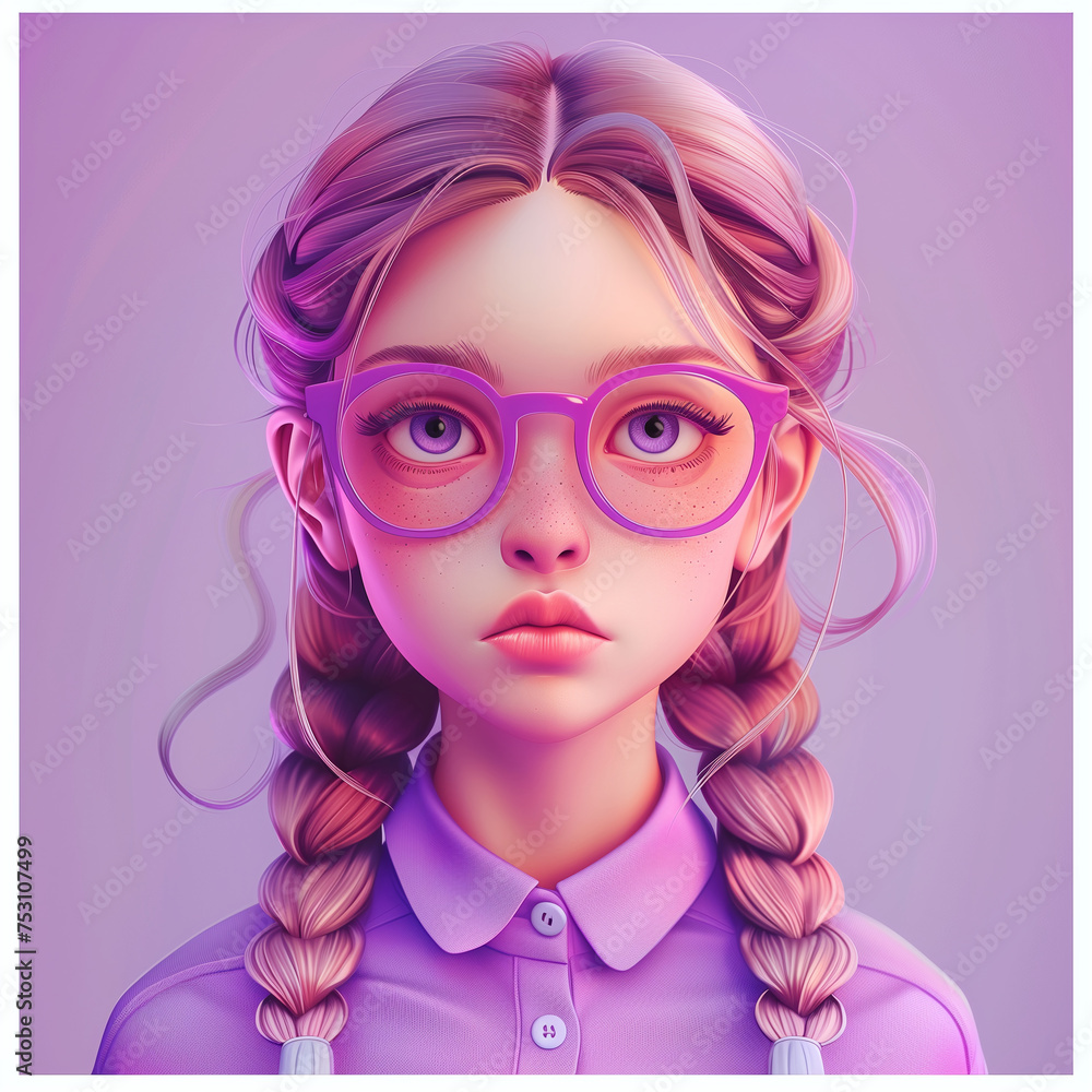 Girl with Glasses and Braids. Vibrant Purple Theme.