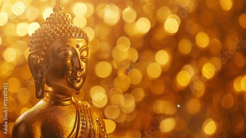 A golden Buddha statue in a golden background, I can't believe how beautiful this is, poolcore, daylight effect, copy space - generative ai © Nia™