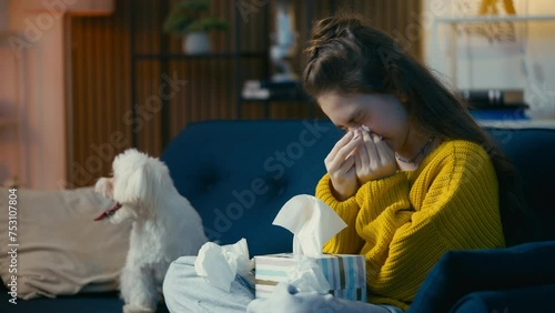 Teen girl sneezing and wiping nose with tissue, allergy to pet's fur, healthcare photo