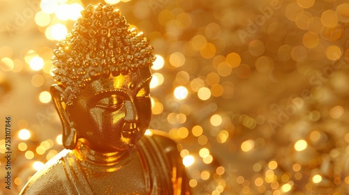 A golden Buddha statue in a golden background, I can't believe how beautiful this is, poolcore, daylight effect, copy space - generative ai photo