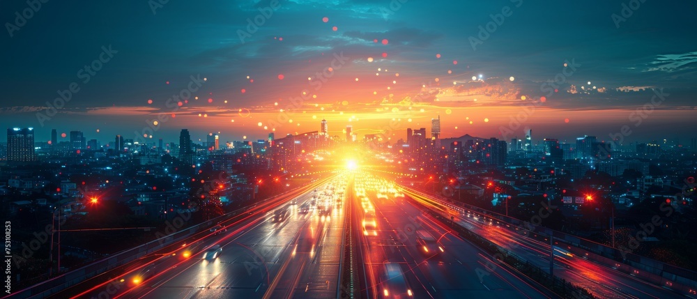 Night time view of a modern city with wireless network connections and a cityscape concept. Wireless network and connection technology concept with a cityscape backdrop. - obrazy, fototapety, plakaty 