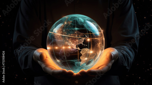 Person's hands are holding a transparent, illuminated globe with digital network lines and lights