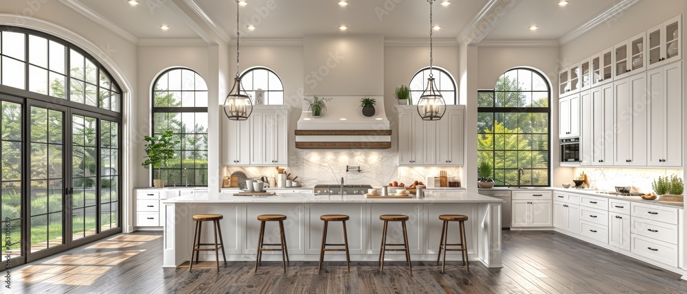 Fototapeta premium A large kitchen with white cabinets and a large island includes all necessary appliances. 3D rendering. Wooden barstools, a chandelier above the island, and large tall cabinets decorate the space.