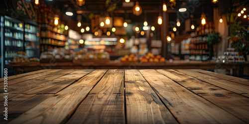 The empty wooden table top with blur background lights of restaurant area © anas