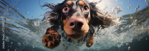 A longhair black and tan dachshund is diving below the watersurface. Close up