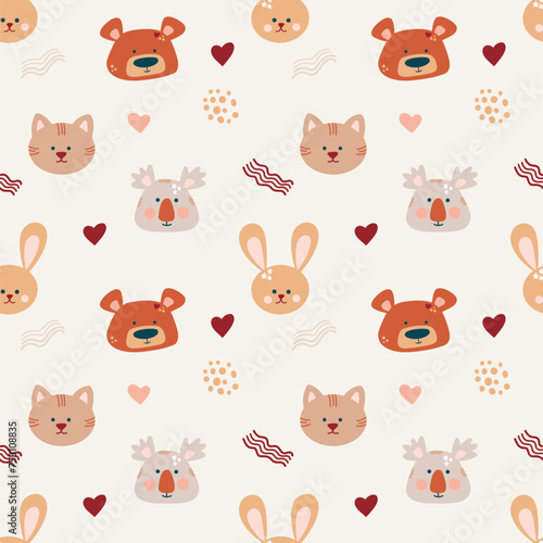 Cute bohemian baby seamless pattern with cute animals, koala, cat, rabbit, bear in boho style in warm pastel colors