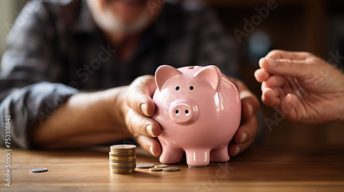 Joyful elderly man holding a pink piggybank, symbolizing financial security and the importance of savings, especially for retirement.