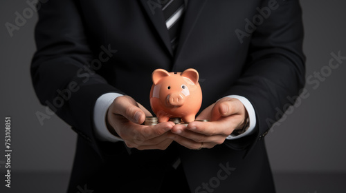 Close-up of a businessman in a suit holding a piggy bank carefully in both hands, symbolizing financial security and savings management.