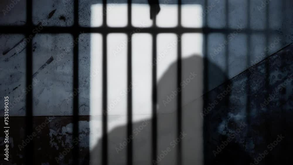 Silhouette of a man in prison: wearing headphones, happily dancing to the music, confined behind bars, his image cast upon a weathered wall.
Silhouette of a man in prison: wearing headphones, happily dancing to the music, confined behind bars, his image cast upon a weathered wall.
