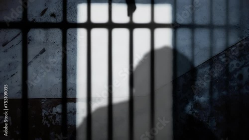 Silhouette of a man in prison: wearing headphones, happily dancing to the music, confined behind bars, his image cast upon a weathered wall.
 photo