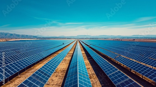 Capture a landscape featuring a solar farm stretching towards the horizon. Frame the shot with a diagonal composition, guiding the viewer's eye along the rows of solar panels.