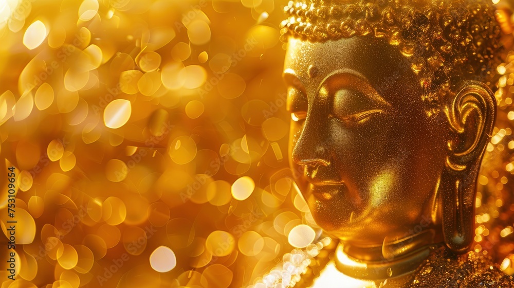 A golden Buddha statue in a golden background, I can't believe how beautiful this is, poolcore, daylight effect, copy space - generative ai A golden Buddha statue in a golden background, I can't believe how beautiful this is, poolcore, daylight effect, copy space - generative ai
