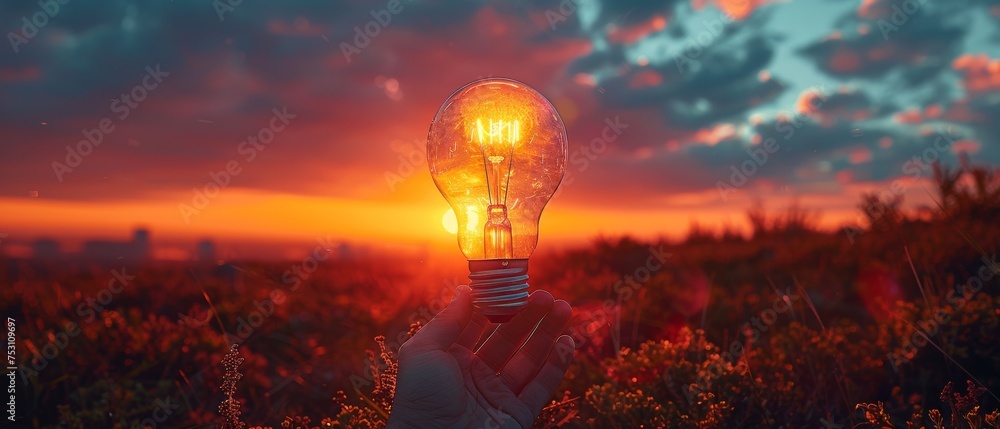 The concept of sunset power is pictured on a light bulb - obrazy, fototapety, plakaty 