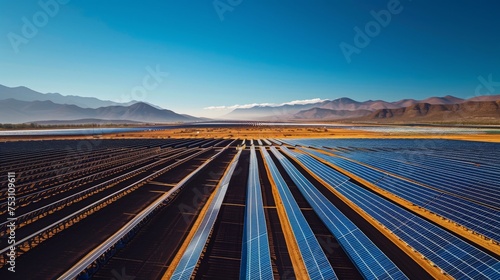 Capture a landscape featuring a solar farm stretching towards the horizon. Frame the shot with a diagonal composition, guiding the viewer's eye along the rows of solar panels.