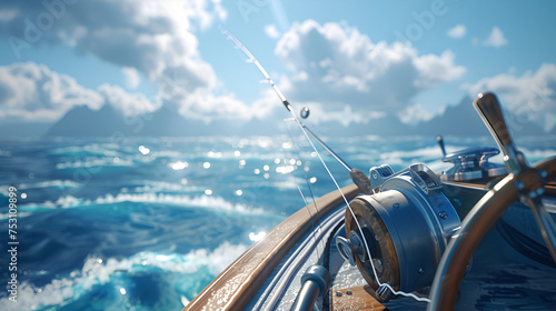 boat fishing trolling panoramic rod and reels blue sea. generative ai