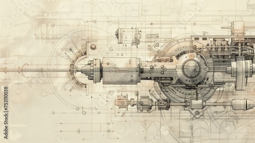 Portrait of schematic diagram a complex engineering machine. generative AI image