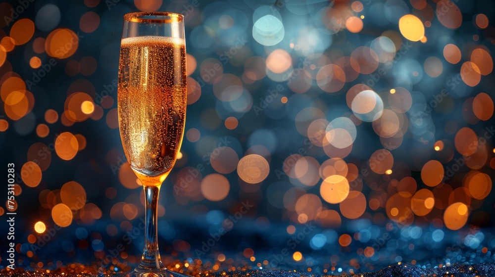 An abstract blue background with defocused bokeh lights and golden glitter makes this champagne toast celebration a real thematic one