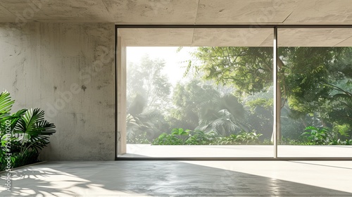 Concrete room with large window surrounded by nature in 3D. © Zaleman