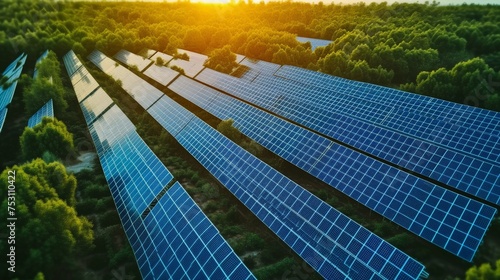 Solar panel farm, aerial view, photoshoot, super detailed, depth of field.
