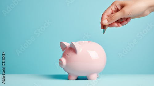 Hand inserting a coin into a pink piggy bank, symbolizing personal savings and financial planning.