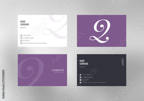 Violet color business card design with black background and heraldical sign, icons for mail address phone information