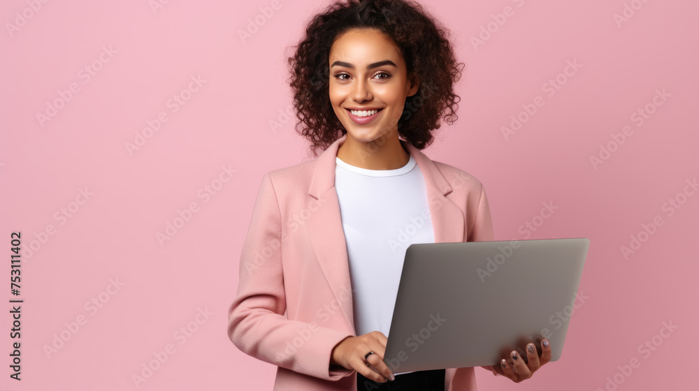 Smiling woman holding a laptop against a pink background. Smiling woman holding a laptop against a pink background.
