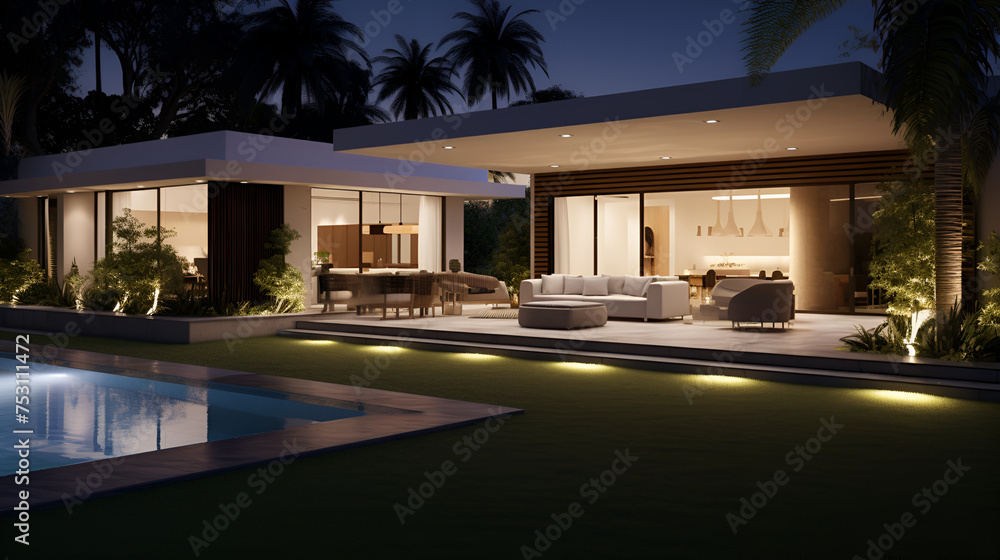 A sleek and contemporary residence at night, featuring outdoor lighting that accentuates the architectural lines, with a well-maintained garden creating an inviting atmosphere