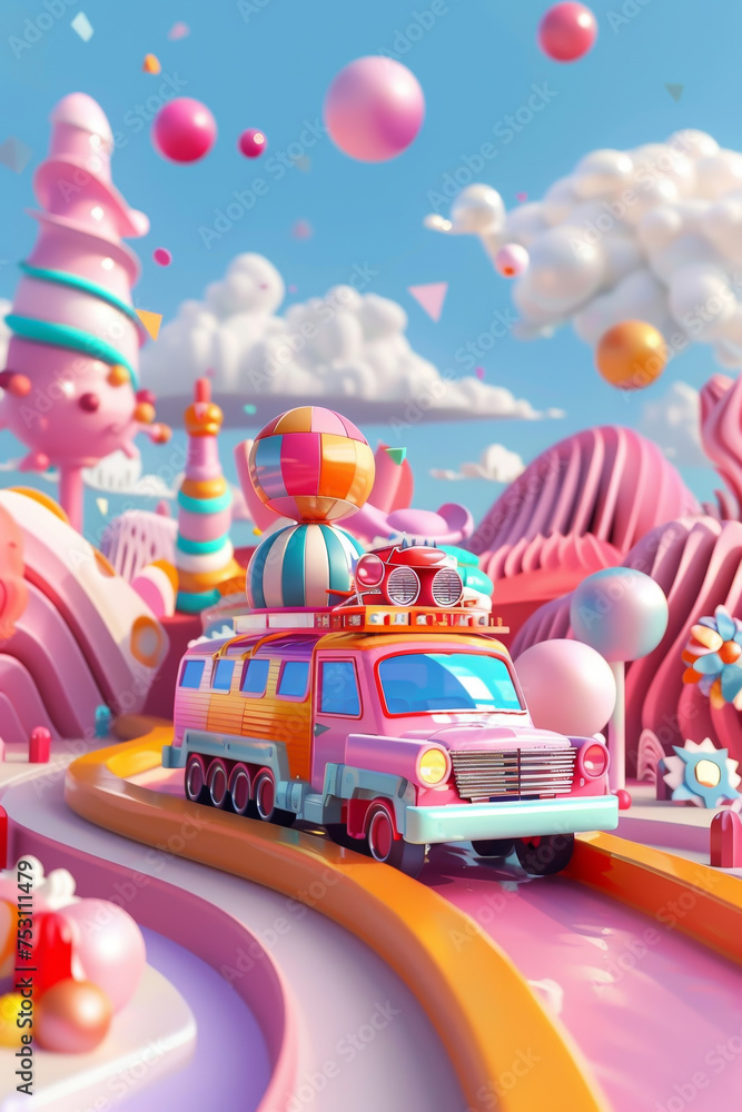 Colorful flat 3D cartoon roller derby in a fantasy world