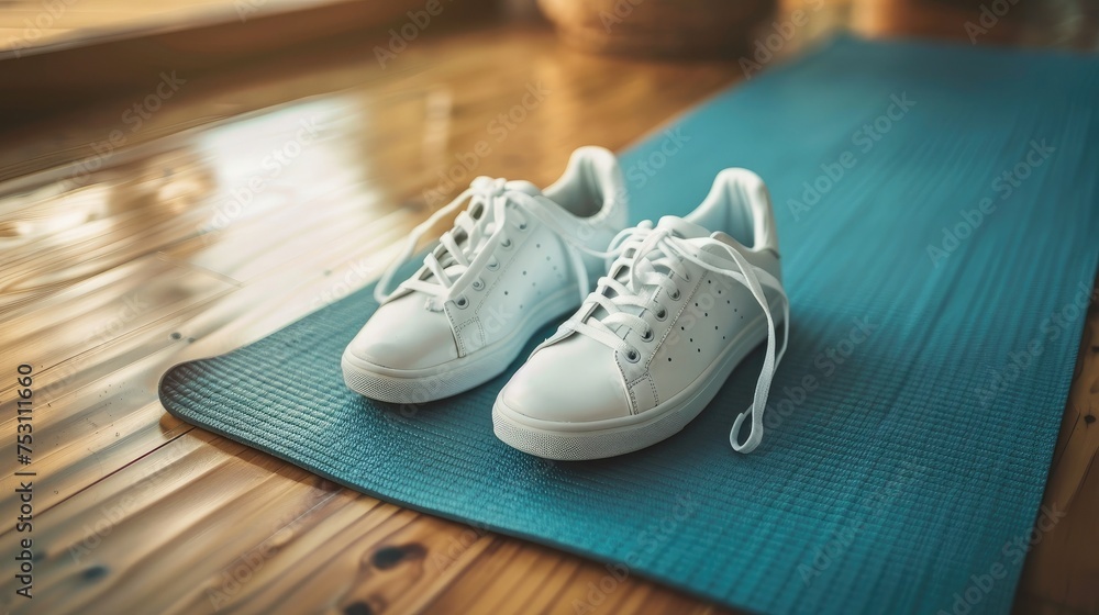 A pair of white sneakers on a yoga mat, symbolizing comfort and flexibility.