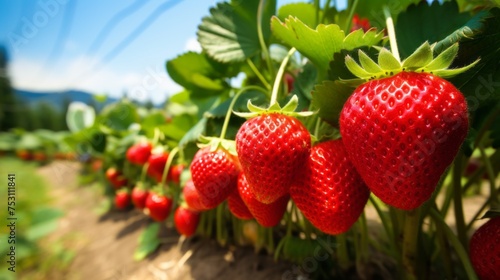 Close-up of ripe red strawberries in growing plants in a fruit farm. Industries  Organic Eco-products  Food  Jam  juice  ice cream production  Wholesale and retail trade  Agricultural Business concept
