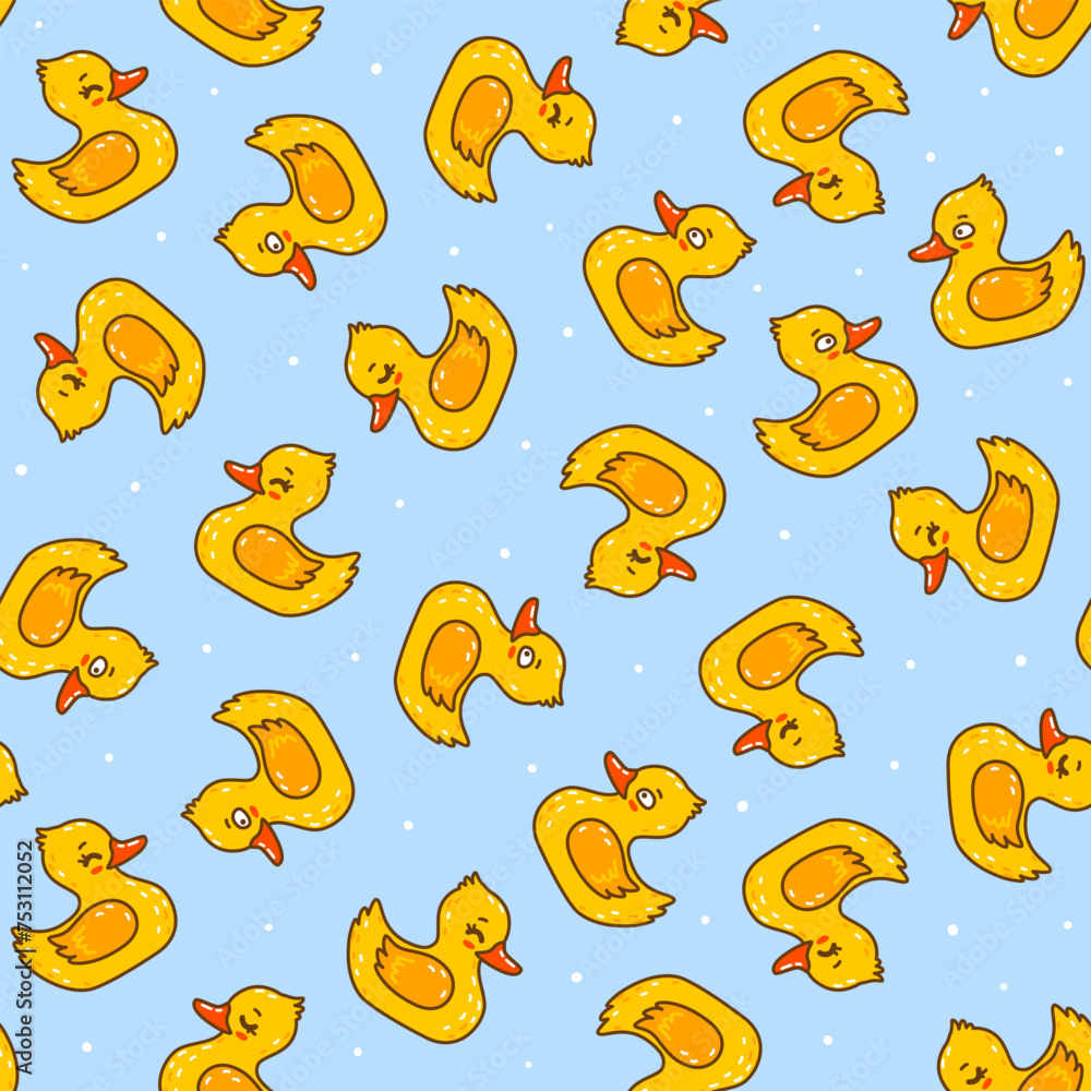 Seamless pattern with cute сartoon bath duck on blue - funny background for Your textile design - obrazy, fototapety, plakaty 