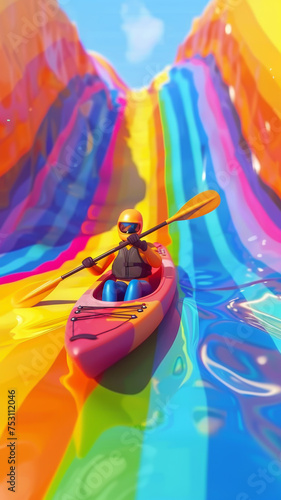 Whimsical flat 3D cartoon kayaking down a rainbow river © kitinut