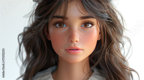 An image of a girl with soft features, brown hair and expressive eyes on a light background.