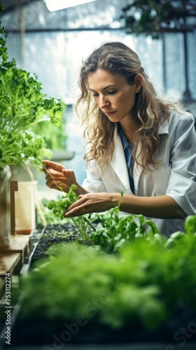 A female biolechnologist examines plants for the presence of a disease, conducts an experiment in a greenhouse, Laboratory. Agronomy, Science, Agriculture, Farming concepts.