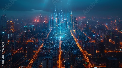 Skyline of a city at night with an immersive data protection interface with a padlock, a fingerprint and a shield. Concept of cybersecurity and biometrics. photo