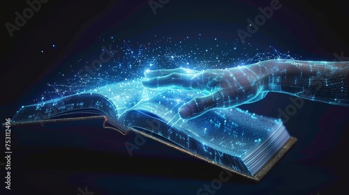 An open book with a human hand touching it. Blue wireframe online education background. Digital  illustration. Online courses or reading.