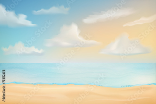 seascape with sand beach sea waves sky and clouds vector illustration