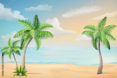 seascape with sand beach sea waves sky and clouds vector illustration