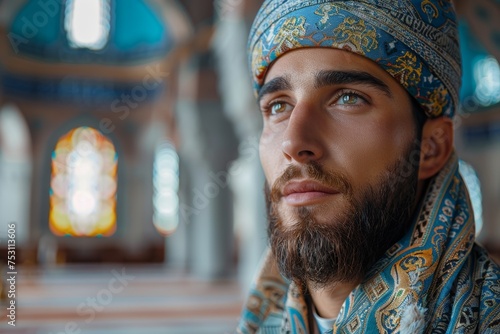 Young man with a beard and traditional headscarf displays a serene look in a religious setting photo