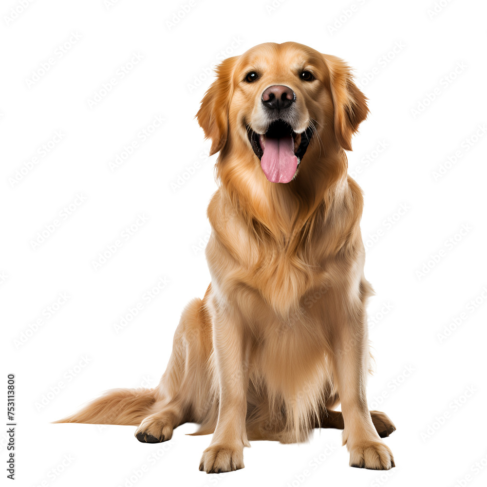 Golden retriever dog sitting happily, full body photo, Isolated on Transparent Background, PNG