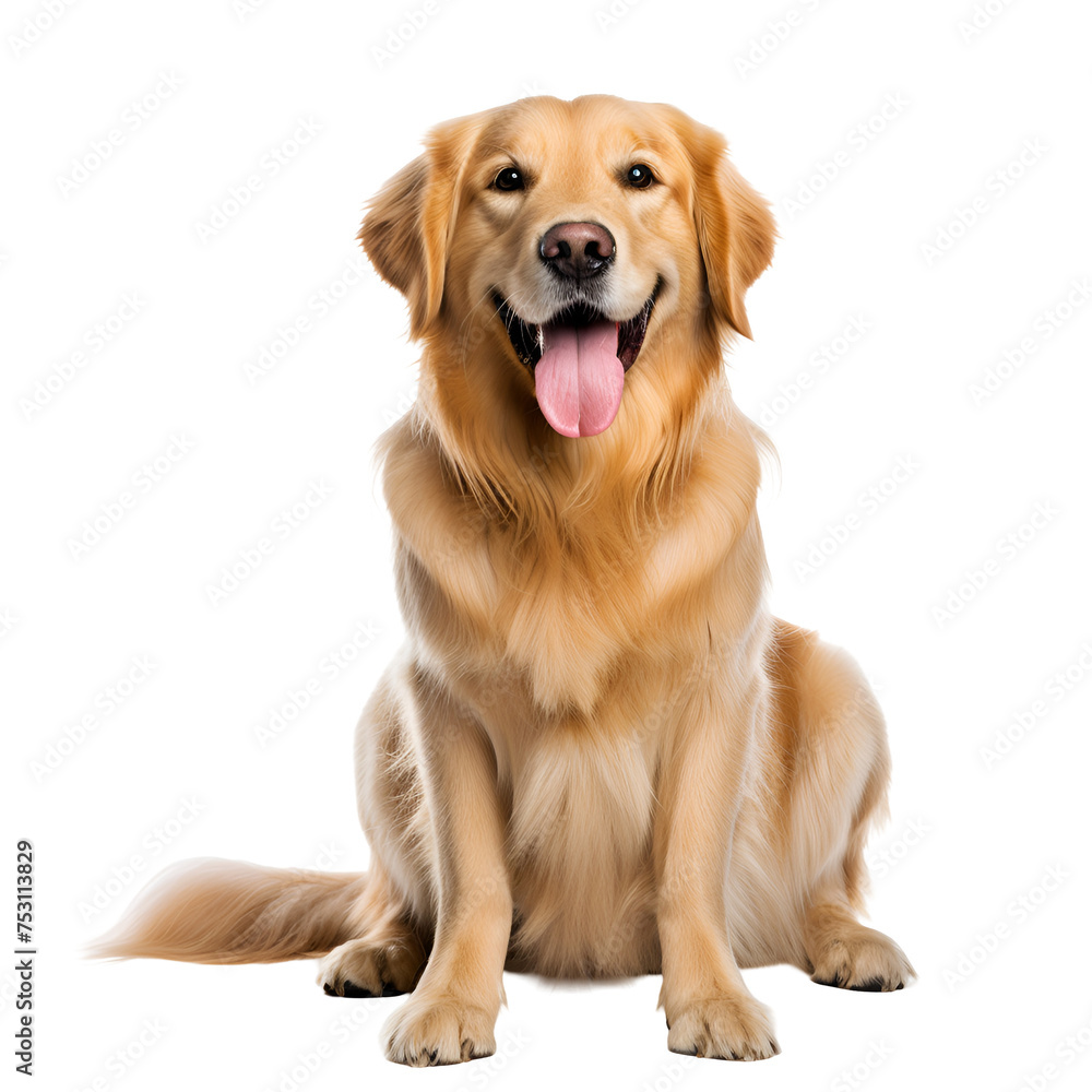 Full body photo of a happy golden retriever dog sitting, Isolated on Transparent Background, PNG