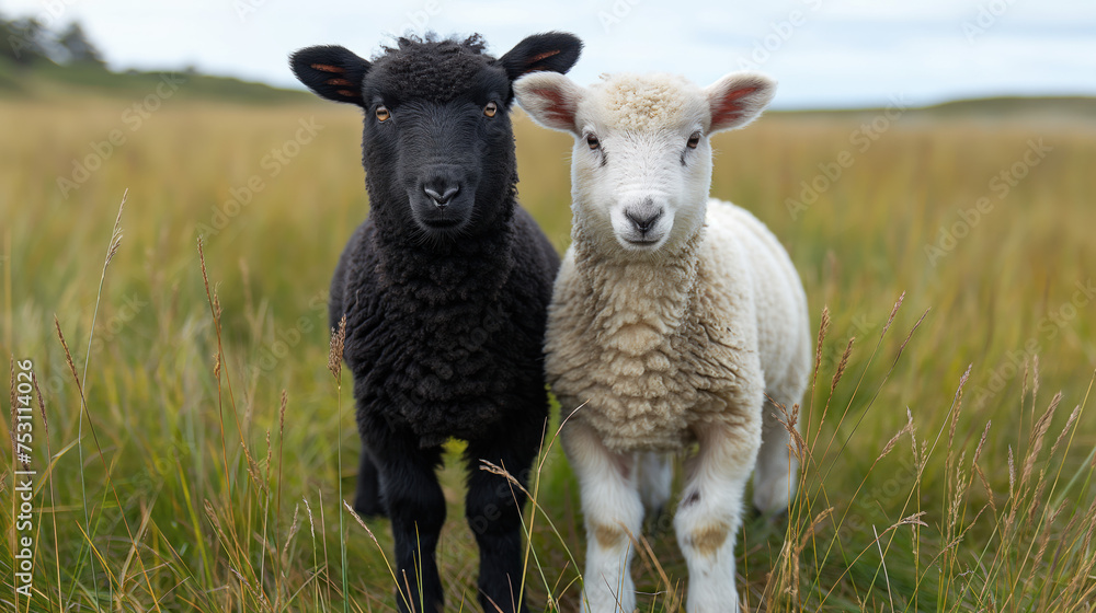 A black and white lamb stand together on a field of grass.