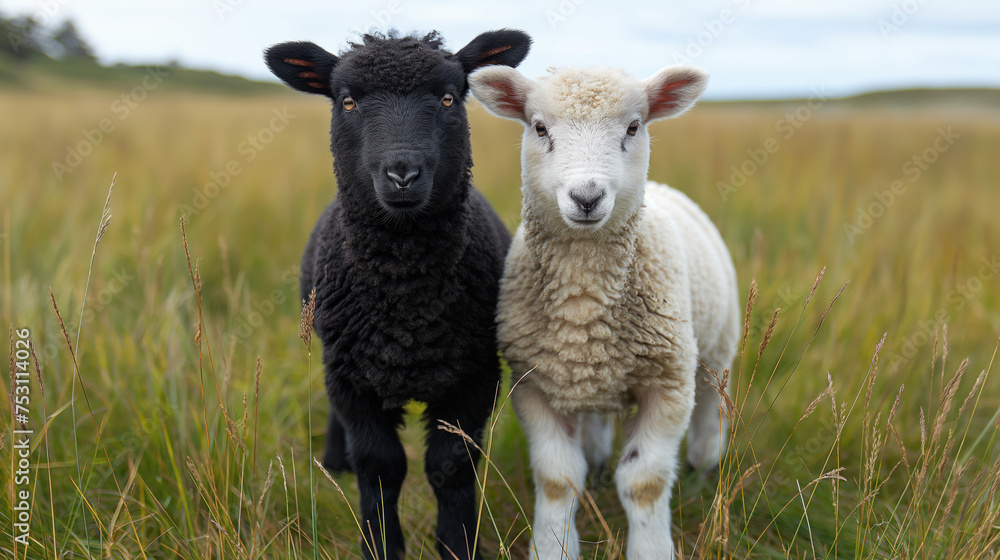 Fototapeta premium A black and white lamb stand together on a field of grass.